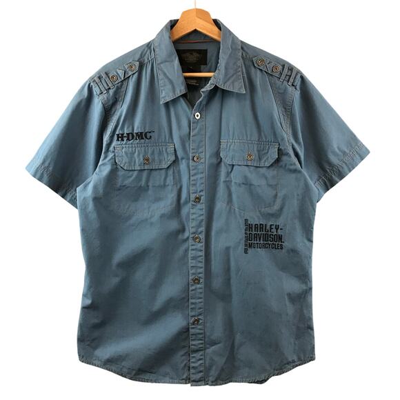 HARLEY DAVIDSON DARK KUSTOM MENS L BUTTON FRONT BLUE HDMC SHIRT - Picture 1 of 8